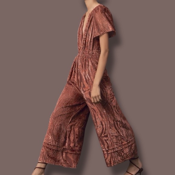 Anthropologie The Somerset Jumpsuit Velvet Burnout Edition Pink Wide Leg Sz XS - Picture 1 of 9